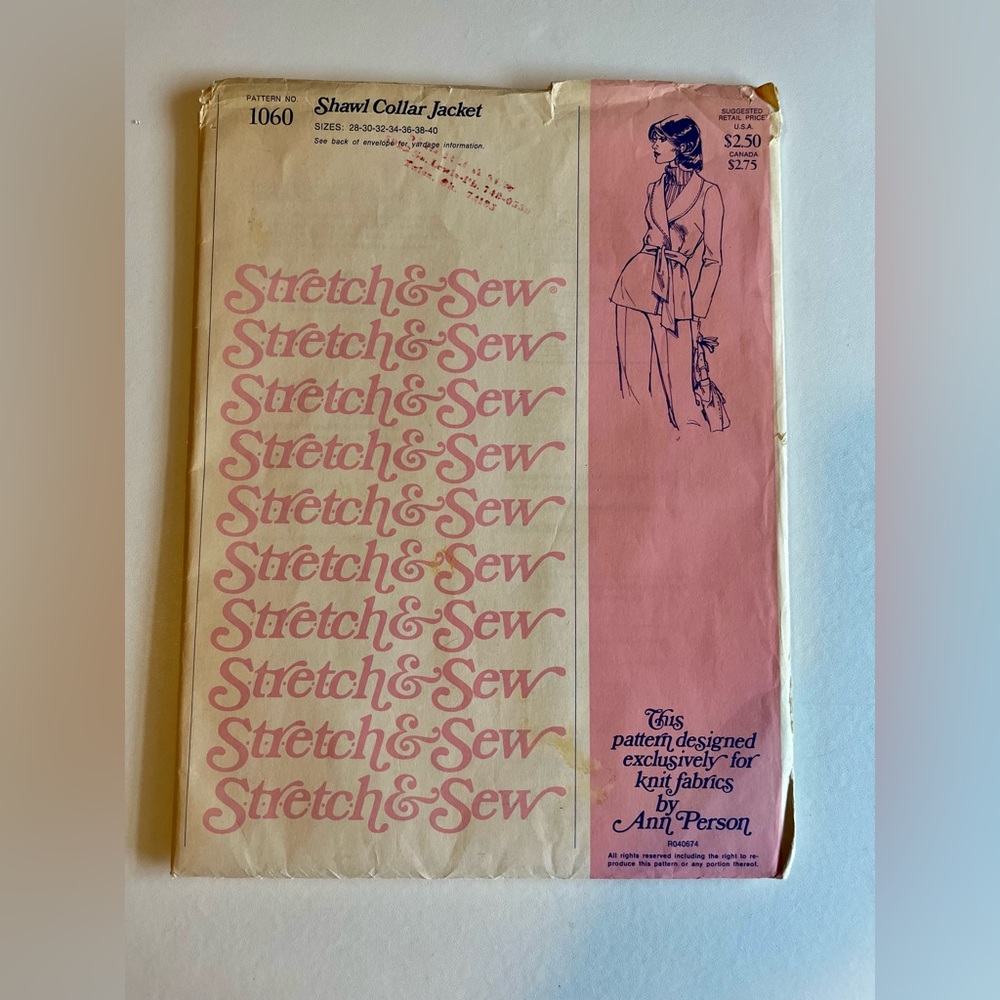 Vintage 'Stretch & Sew' Pattern 1060 Shawl Collar Jacket-Sizes 28,30,32,34,38,40